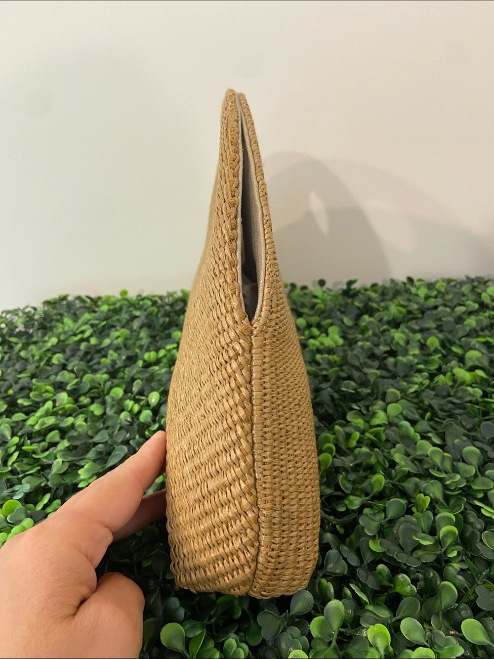 Olga Berg Tan Woven Half-Moon Clutch with Gold Oval Handle - Picture 4 of 7
